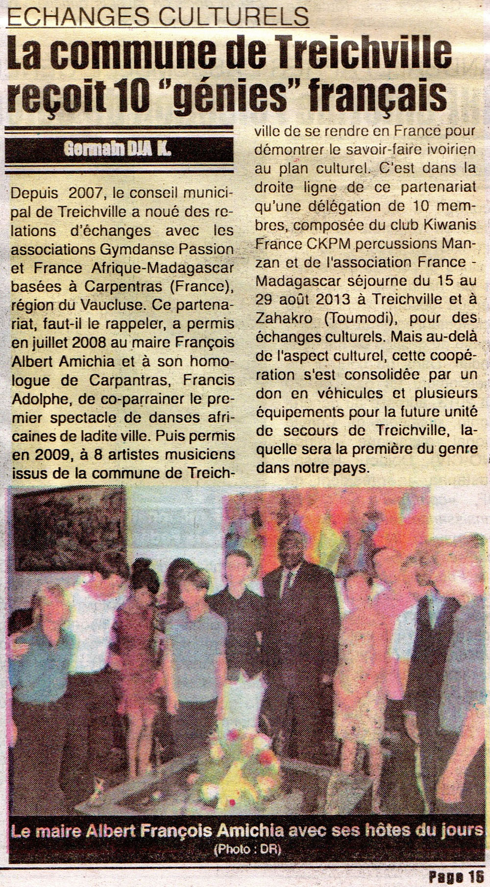 Article du journal "L'inter" : projet humanitaire en Côte d'Ivoire 26/08/2013. (Copyright article : Germain Dia K.)