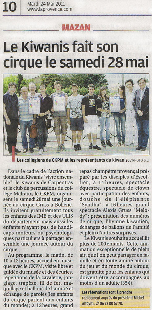 Article du journal "La Provence" sur l'action sociale "Le Kiwanis fait son cirque" avec le CKPM 24/05/2011