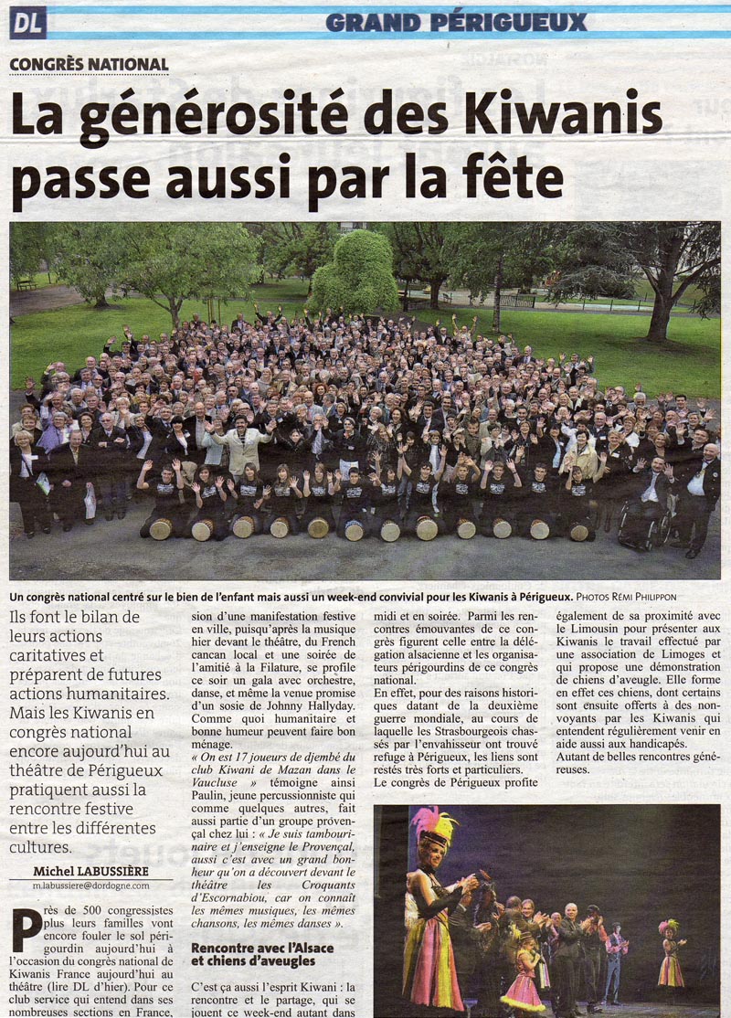 Article du journal "Dordogne Libre" sur le Congrès Kiwanis à Périgueux 15/05/2010