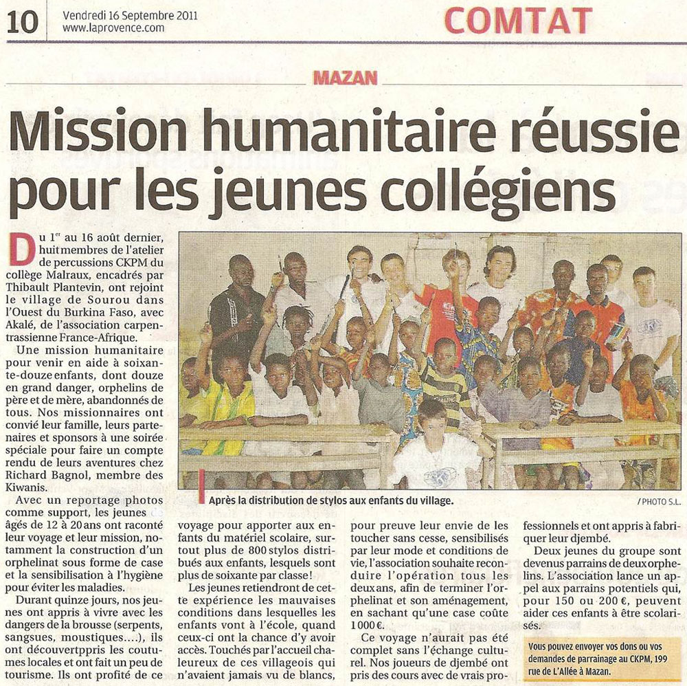 Article du journal "La Provence" : projet humanitaire au Burkina Faso 16/09/2011. (Copyright article : Sandrine LIEPPE)