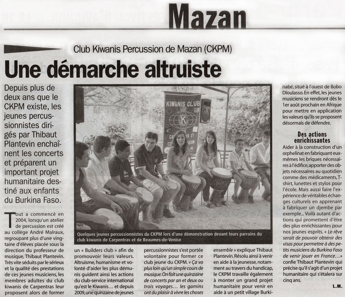 Article du journal "Le Comtadin Vaucluse Hebdo" : projet humanitaire au Burkina Faso 21/07/2011