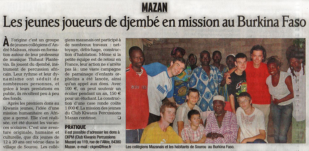 Article du journal "Vaucluse Matin Le Dauphiné" : projet humanitaire au Burkina Faso 15/09/2011. (Copyright article : Gérard SIMON)