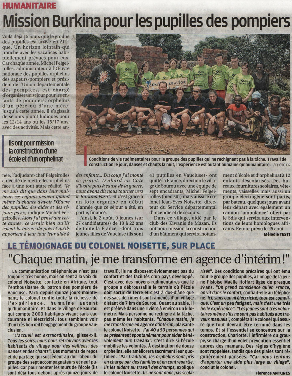 Article du journal "La Provence" : projet humanitaire au Burkina Faso 08/2012.